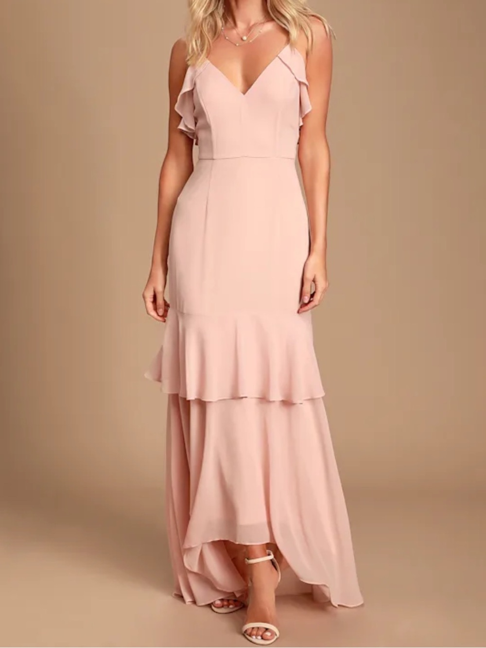 NWT- Cherish the Moment Blush Ruffled High-Low Maxi Dress